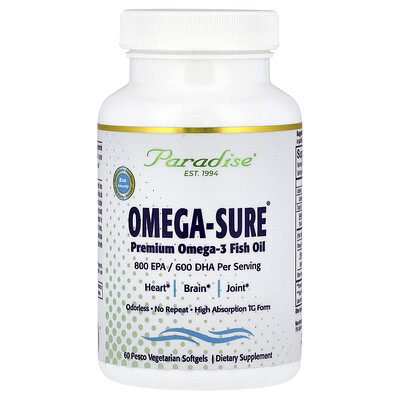 Product Image for Paradise Herbs, Omega-Sure , Premium Omega-3 Fish Oil, 60 Pesco Vegetarian Softgels