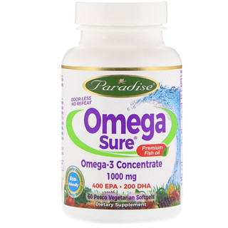 Paradise Herbs, Omega Sure, Omega-3 Concentrate , 1,000 mg, 60 Pesco Vegetarian Softgels