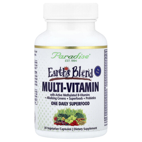 Paradise Herbs, Earth's Blend, Suplemento multivitamínico con un superalimento diario, Sin hierro, 30 cápsulas vegetales