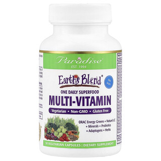Paradise Herbs, Earth's Blend, Suplemento multivitamínico con un superalimento diario, Sin hierro, 30 cápsulas vegetales