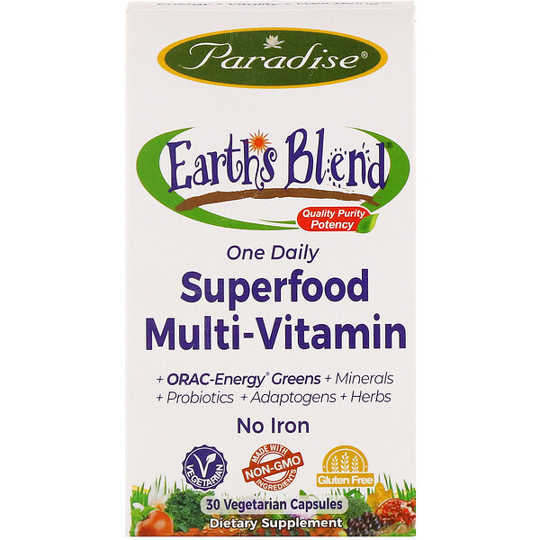 Paradise Herbs, Earth's Blend, eine Kapsel tΣglich, Superfood-Multivitamine, ohne Eisen, 30 vegetarische Kapseln