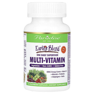 Paradise Herbs, Earth's Blend, één dagelijkse superfood multivitamine met ijzer, 30 vegetarische capsules