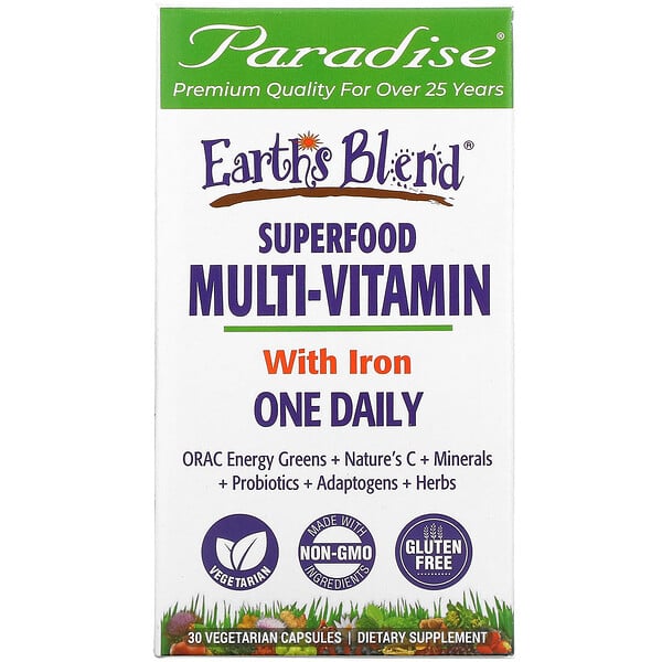Paradise Herbs‏, Earth's Blend, One Daily Superfood Multi-Vitamin, With Iron, 30 Vegetarian Capsules