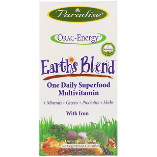 Paradise Herbs, Энергия ORAC, Earth's Blend, ежедневный сверхпитательный мультивитамин, с железом, 60 капсул на растительной основе