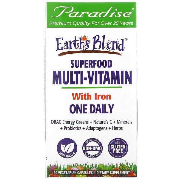 Paradise Herbs, Earth's Blend, One Daily Superfood Multi-Vitamin with Iron, 60 Vegetarian Capsules