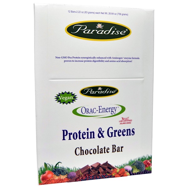 Paradise Herbs, ORACEnergy, Protein & Greens, Chocolate Bar, 12 Bars