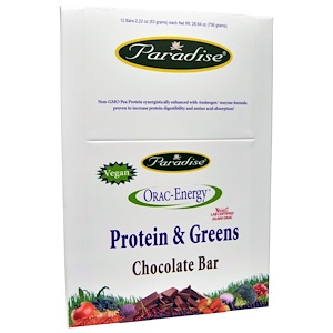 Paradise Herbs, Энергия ORAC, шоколадные батончики с белком и зеленью, 12 батончиков по 2.22 унций (63 г)