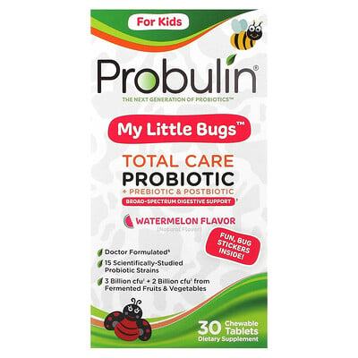 

Probulin для детей, My Little Bugs, пробиотик Total Care + пребиотик и постбиотик, арбуз, 30 жевательных таблеток