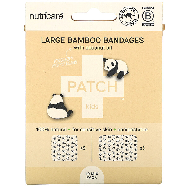 Patch, Kids, Large Bamboo Bandages with Coconut Oil, Panda, 10 Mix Pack