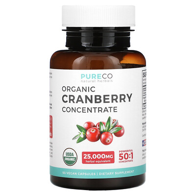 Pure Co., Concentrado de arándano rojo orgánico, 500 mg, 60 cápsulas veganas