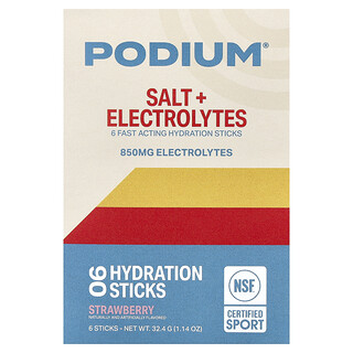 Podium Nutrition, Sůl + elektrolyty, hydratační tyčinky, jahoda, 6 tyčinek, 5,4 g (0,19 oz) každá