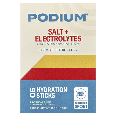 Product Image for Podium Nutrition, Salt + Electrolytes, Hydration Sticks, Tropical Lime, 6 Sticks, 0.18 oz (5.3 g) Each