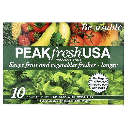 PEAKfresh USA, Produce Bags with Twist Ties, Lebensmittelbeutel mit gedrehten Schlaufen, wiederverwendbar, 10 Beutel