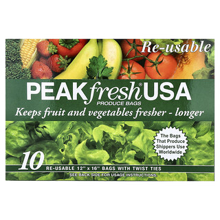 PEAKfresh USA, Produce Bags with Twist Ties, 10 Re-Usable Bags