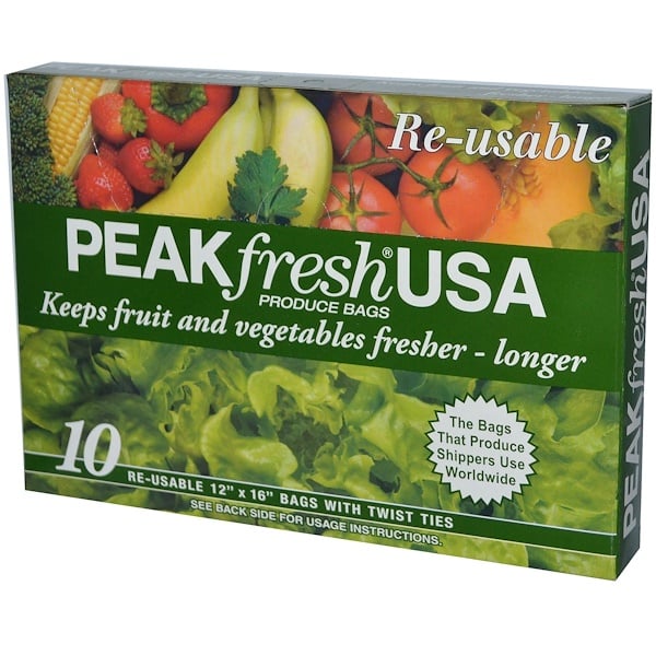 PEAKfresh USA, 野菜・果物用バッグ、再利用可, 10 - 12インチ x 16インチバッグ, 口止めひも付き