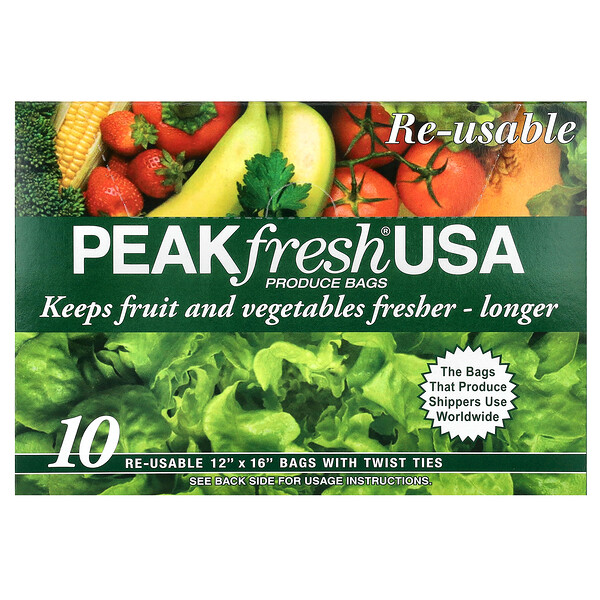 PEAKfresh USA Produce Bags with Twist Ties, 10 Re-Usable Bags