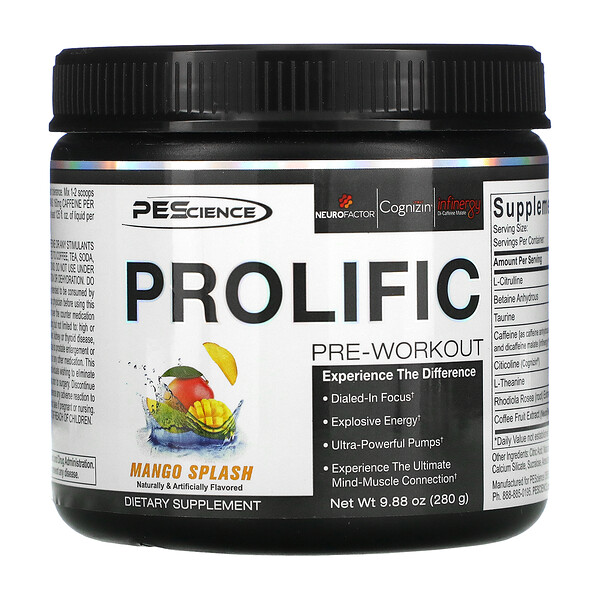 PEScience‏, Prolific, Pre-Workout, Mango Splash, 9.88 oz (280 g)