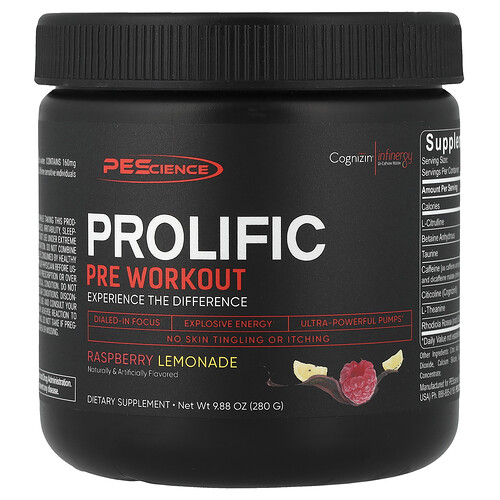 PEScience, Prolific, Pre Workout, frambozenlimonade, 280 g