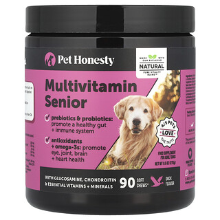 Pet Honesty, Multivitamin Senior, Felnőtt kutyáknak, Kacsa, 90 Puha rágó, 9,5 uncia (270 g)