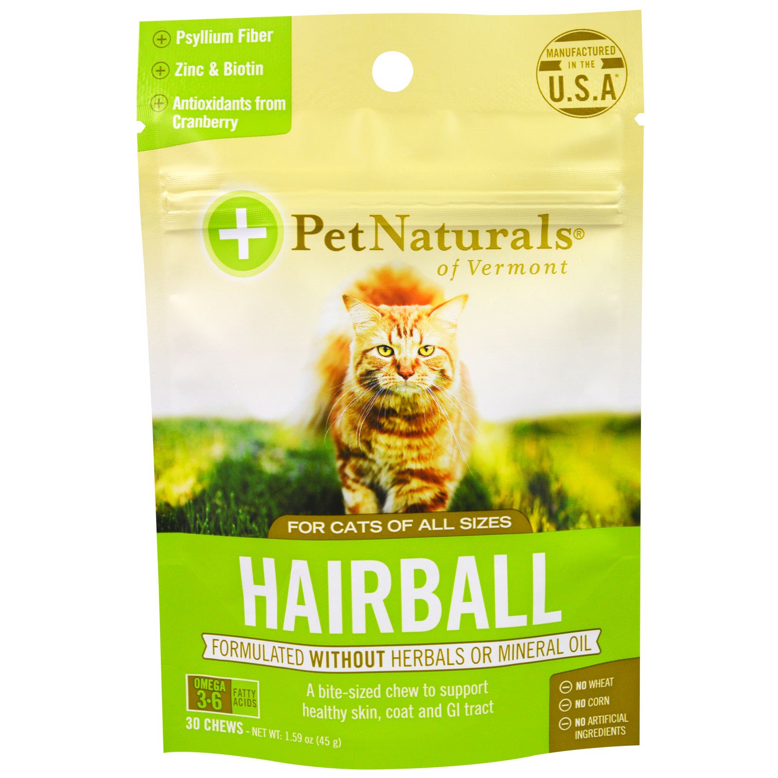 Pet Naturals of Vermont, Hairball 美毛養腸咀嚼片 ，適合貓，30片，1.59 oz (45 g)