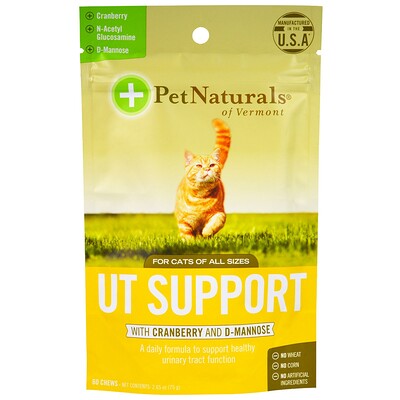 Pet Naturals of Vermont УТ-поддержка с клюквой и D-маннозой, для кошек, 60 жевательных таблеток, 2,65 унции (75 г)