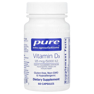 Pure Encapsulations, Vitamine D3, 125 µg (5000 UI), 60 capsules
