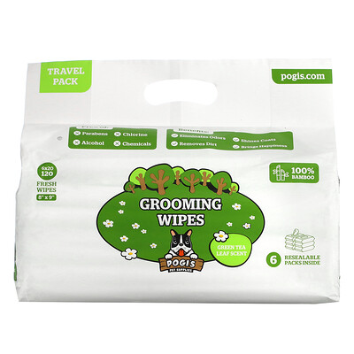 

Pogi's Pet Supplies, Grooming Wipes, Travel Pack, Green Tea Leaf, 6 Packs, 20 Fresh Wipes Each