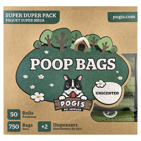 Pogi's Pet Supplies Poop Bags, Super Duper Pack, Unscented, 50 Rolls, 750 Bags, 2 Dispensers