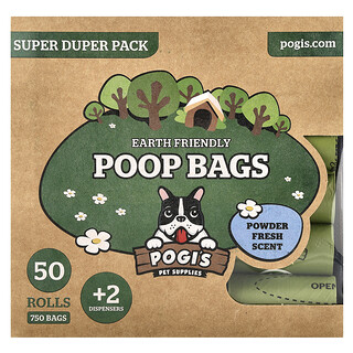 Pogi's Pet Supplies, Earth Friendly Poop Bags, Super Duper Pack, Powder Fresh, 50롤, 750백, 디스펜서 2개