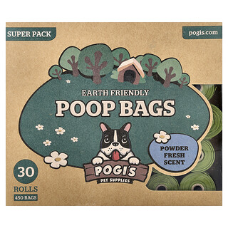Pogi's Pet Supplies, Kantong Kotoran Ramah Lingkungan, Kemasan Super, Bubuk Segar, 30 Gulungan, 450 Kantong