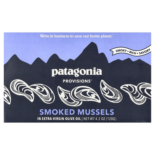 Patagonia Provisions, Smoked Mussels in Organic Extra-Virgin Olive Oil + Broth, 4.2 oz (120 g)