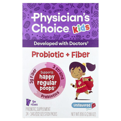 Physician's Choice, Suplemento probiótico con fibra para niños de 1 año en adelante, Sin sabor, 24 sobrecitos, 3,4 g (0,12 oz) cada uno