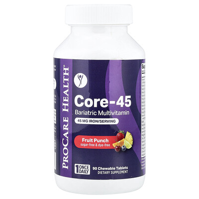 ProCare Health, Core-45, Suplemento multivitamínico bariátrico, Ponche de frutas, 90 comprimidos masticables