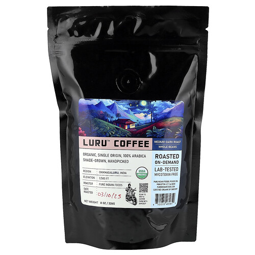 Pure Indian Foods Luru™ Coffee, Whole Beans, Medium-Dark Roast, 8 oz (226 g)