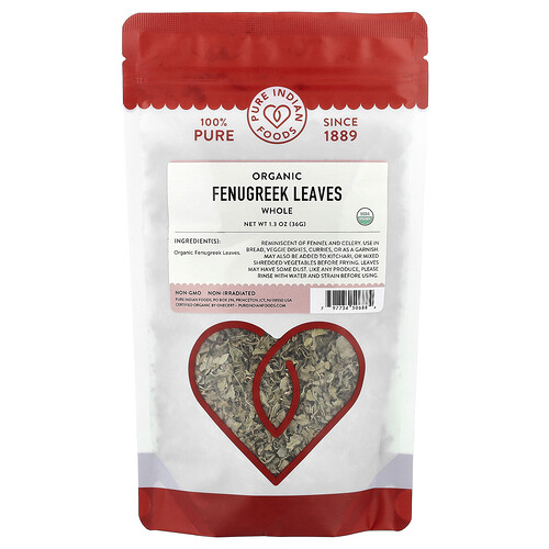 Pure Indian Foods Organic Fenugreek Leaves, Whole, 1.3 oz (36 g)