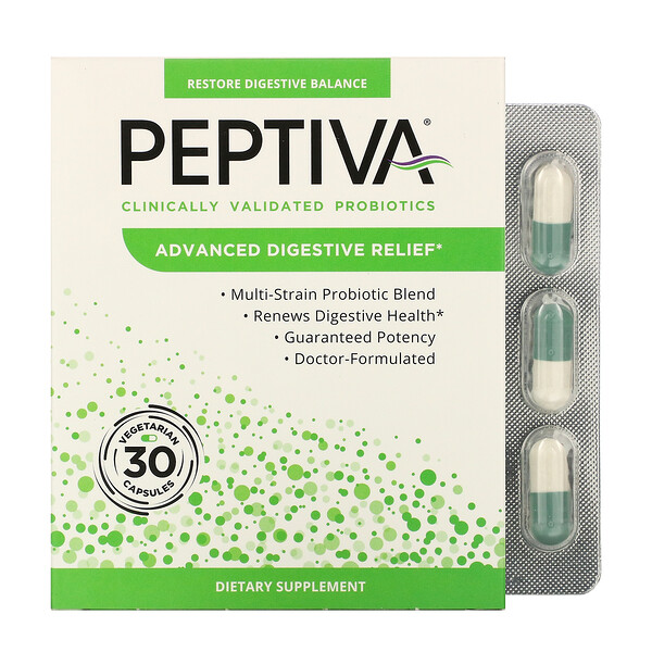 Peptiva‏, Clinically Validated Probiotics, Advanced Digestive Relief, 30 Vegetarian Capsules