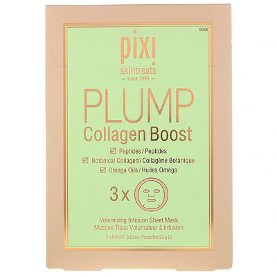 Pixi Beauty Skintreats, Plump Collagen Boost, Volumizing Infusion Sheet Mask, 3 Sheets, 0.80 oz (23 g) Each
