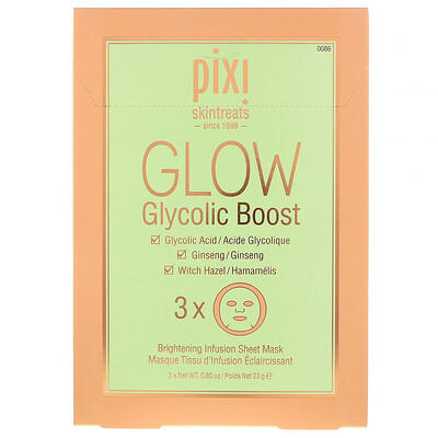 Купить Pixi Beauty Skintreats, Glow Glycolic Boost, осветляющая тканевая маска для лица с гликолевой кислотой, 3 шт., по 23 г (0, 80 унции) каждая
