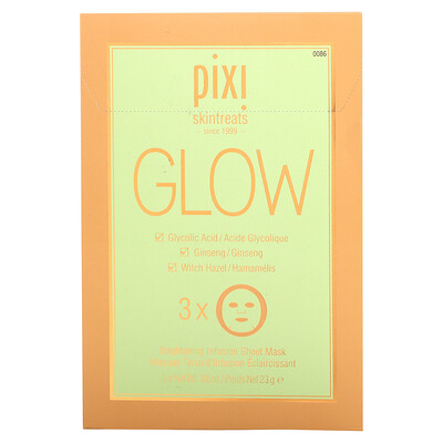 Pixi Beauty Skintreats, Glow Glycolic Boost, осветляющая тканевая маска для лица с гликолевой кислотой, 3 шт., по 23 г (0,80 унции) каждая