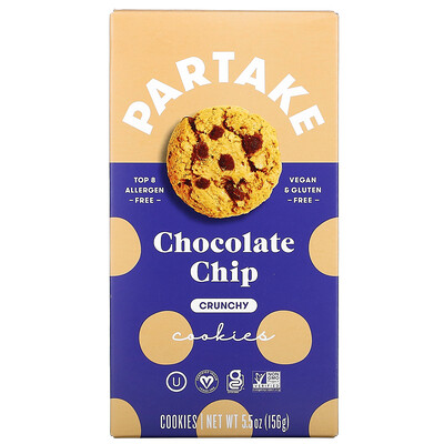 Partake Crunchy Cookies, шоколадная крошка, 156 г (5,5 унции)