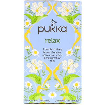Купить Pukka Herbs Расслабление, без кофеина, 20 пакетиков травяного чая, 1, 41 унц. (40 г)