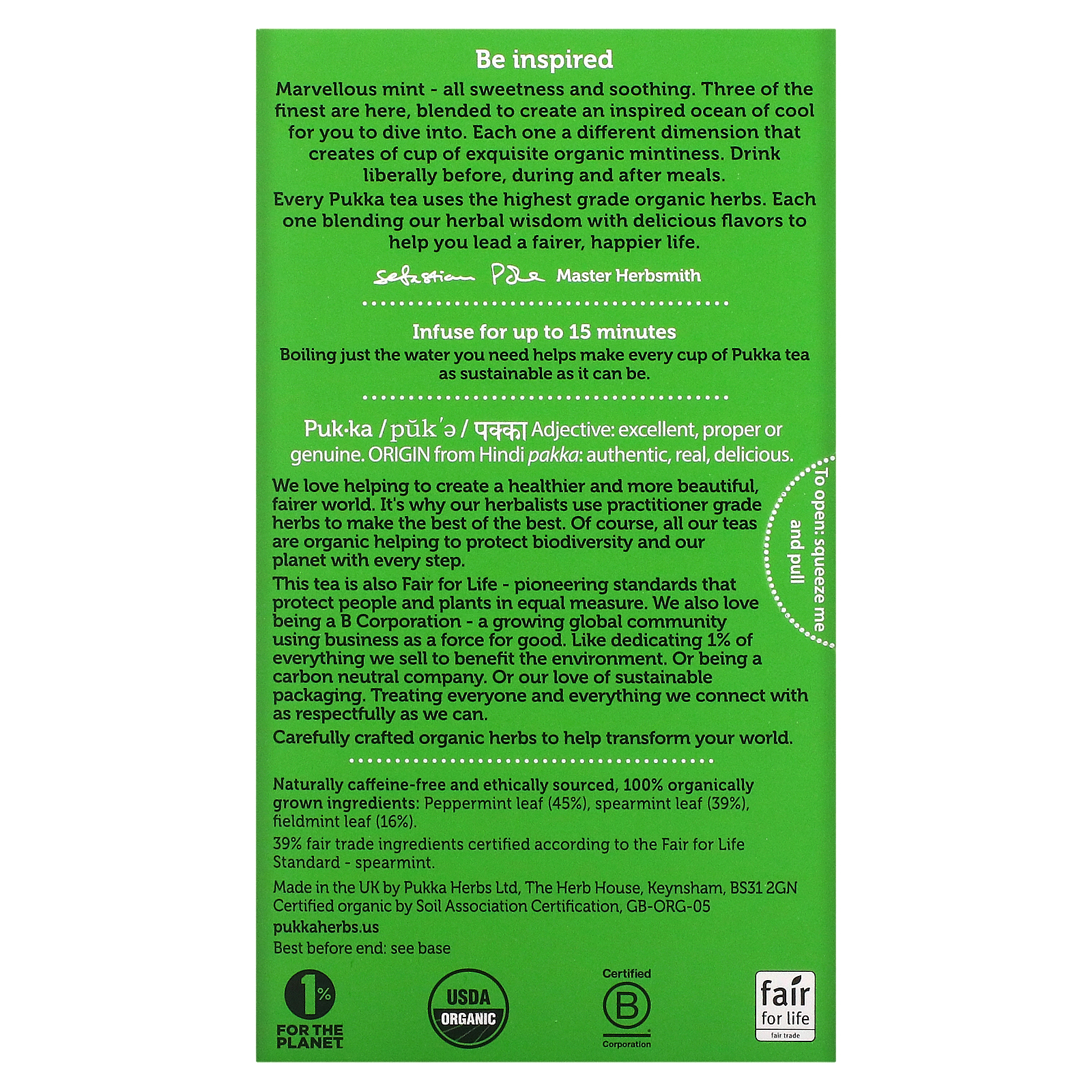 Pukka Herbs, Three Mint, Caffeine Free, 20 Herbal Tea Sachets, 1.12 oz