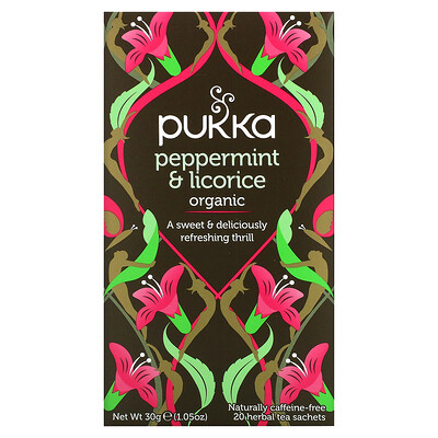 Pukka Herbs Травяной чай из перечной мяты и лакрицы, без кафеина, 20 чайных пакетиков, 30 г
