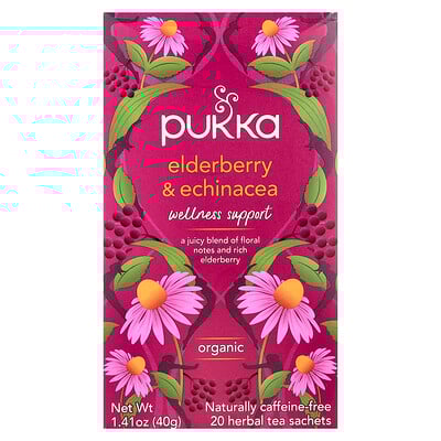 Pukka Herbs, Organic Herbal Tea, Elderberry & Echinacea, Caffeine Free, 20 Sachets, 1.41 oz (40 g)