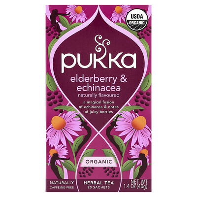 Pukka Herbs, Organic Herbal Tea, Elderberry & Echinacea, Caffeine Free, 20 Sachets, 1.41 oz (40 g)