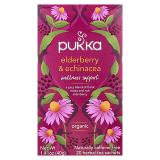 Pukka Herbs, Té de hierbas orgánicas, Saúco y equinácea, Sin cafeína, 20 sobres, 40 g (1,41 oz)
