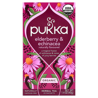 Pukka Herbs, Organic Herbal Tea, Elderberry & Echinacea, Caffeine Free, 20 Sachets, 1.41 oz (40 g)