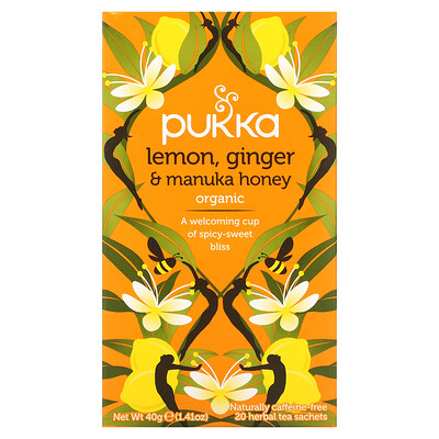 Pukka Herbs Organic Herbal Tea Lemon Ginger & Manuka Honey Caffeine Free 20 Sachets 0.07 oz (2 g) Each