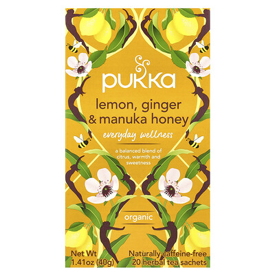 Pukka Herbs  Organic Herbal Tea  Lemon Ginger & Manuka Honey  Caffeine Free  20 Sachets  1.41 oz (40 g)