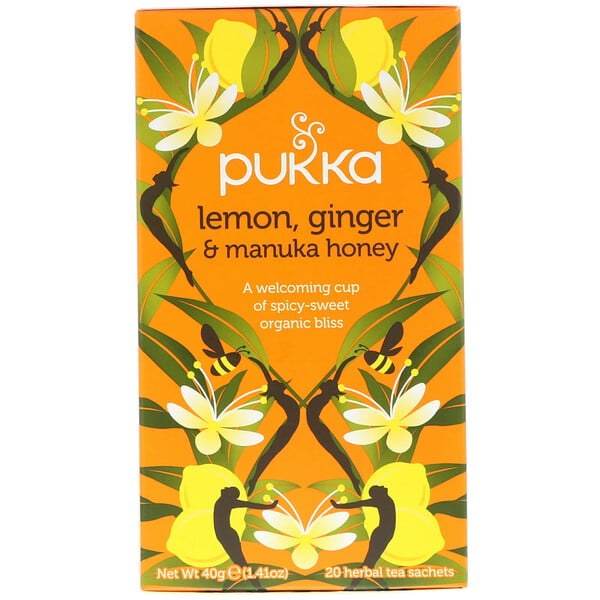 Lemon Ginger & Manuka Honey Tea, Caffeine Free, 20 Herbal Tea Sachets, 1.41 oz (40 g)